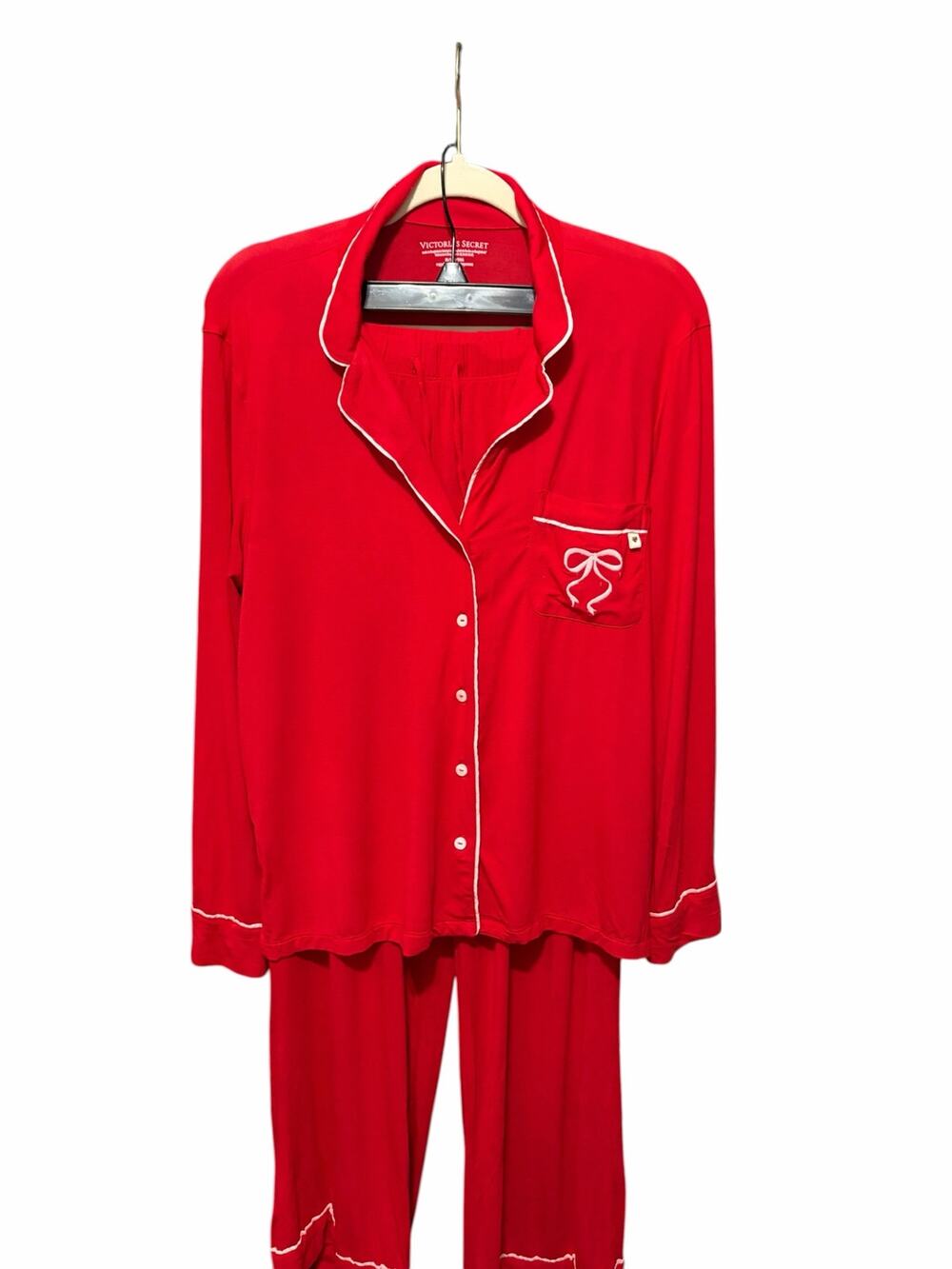 Victoria’s Secret Red Pajama Set Medium White Piping Bow Pocket Cropped Pants